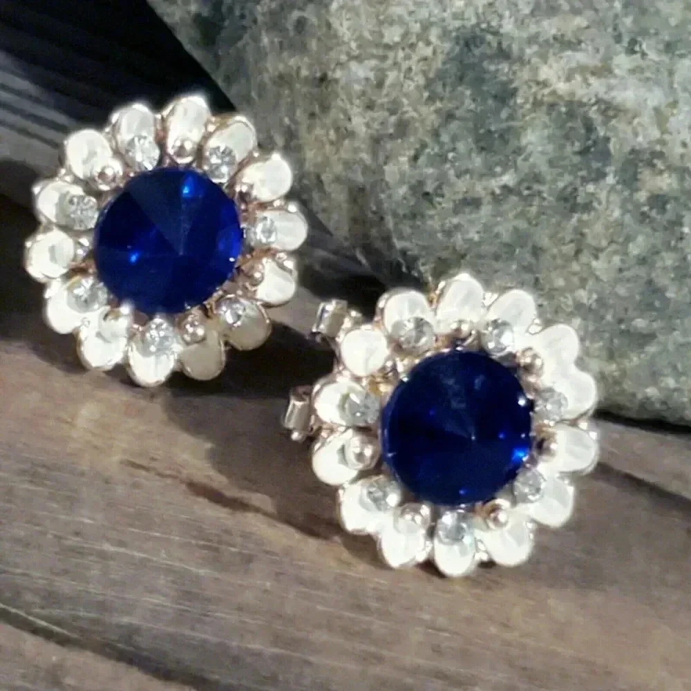 Sapphire Blue Lady Di Style Austrian Rivoli Crystal Earrings